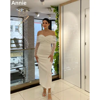 Annie Glitter Embroidered Long Sleeves Prom Dresses Gorgeous White Ankle Evening Dresses Ladies Formal Occasions فساتين سهرة 1