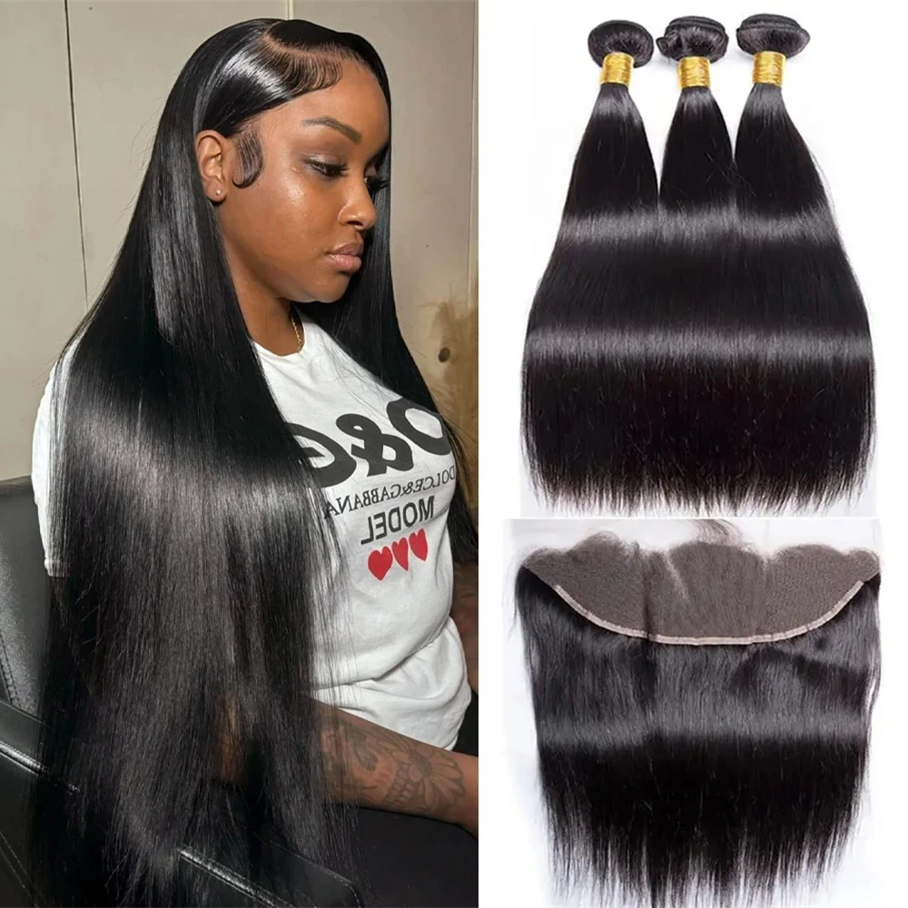 14-32 inch Straight Human Hair Bundles With 13x4 Lace Frontal Brazilian Raw Human Hair Double Weft Bundles With Lace Frontal