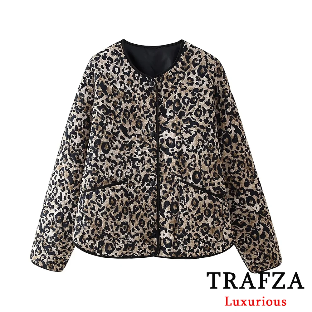 TRAFZA Casual Leopard Print Oversized Jackets Women Long Sleeve O Neck Buttons Coats Fashion 2024 Autumn Winter Female Outwears 6