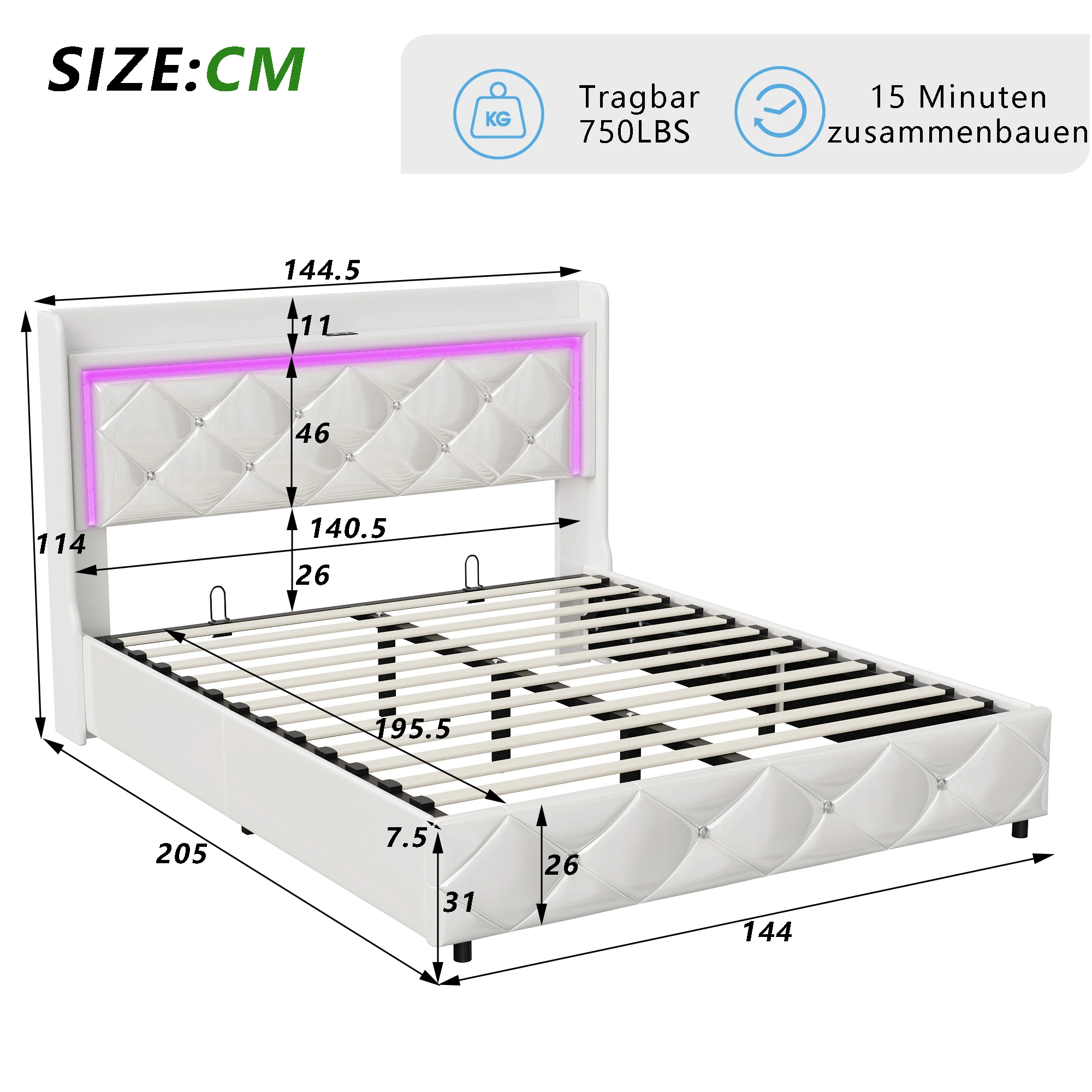 Anajqaqia 140x200cm Polsterbett, Erwachsenenbett, Hydraulisches Bett mit Stauraum, mit LED-Beleuchtung und USB-Ladefunktion, PU, Weiß – Detail 1