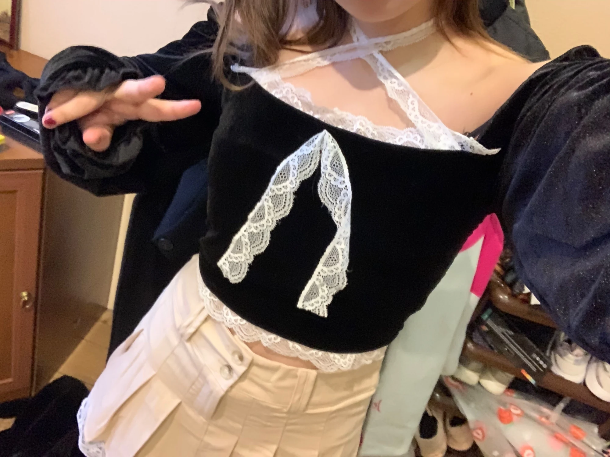 Women Sexy Halter Lace Patchwork Short Blouse 2023 Spring Fashion Outfits photo review