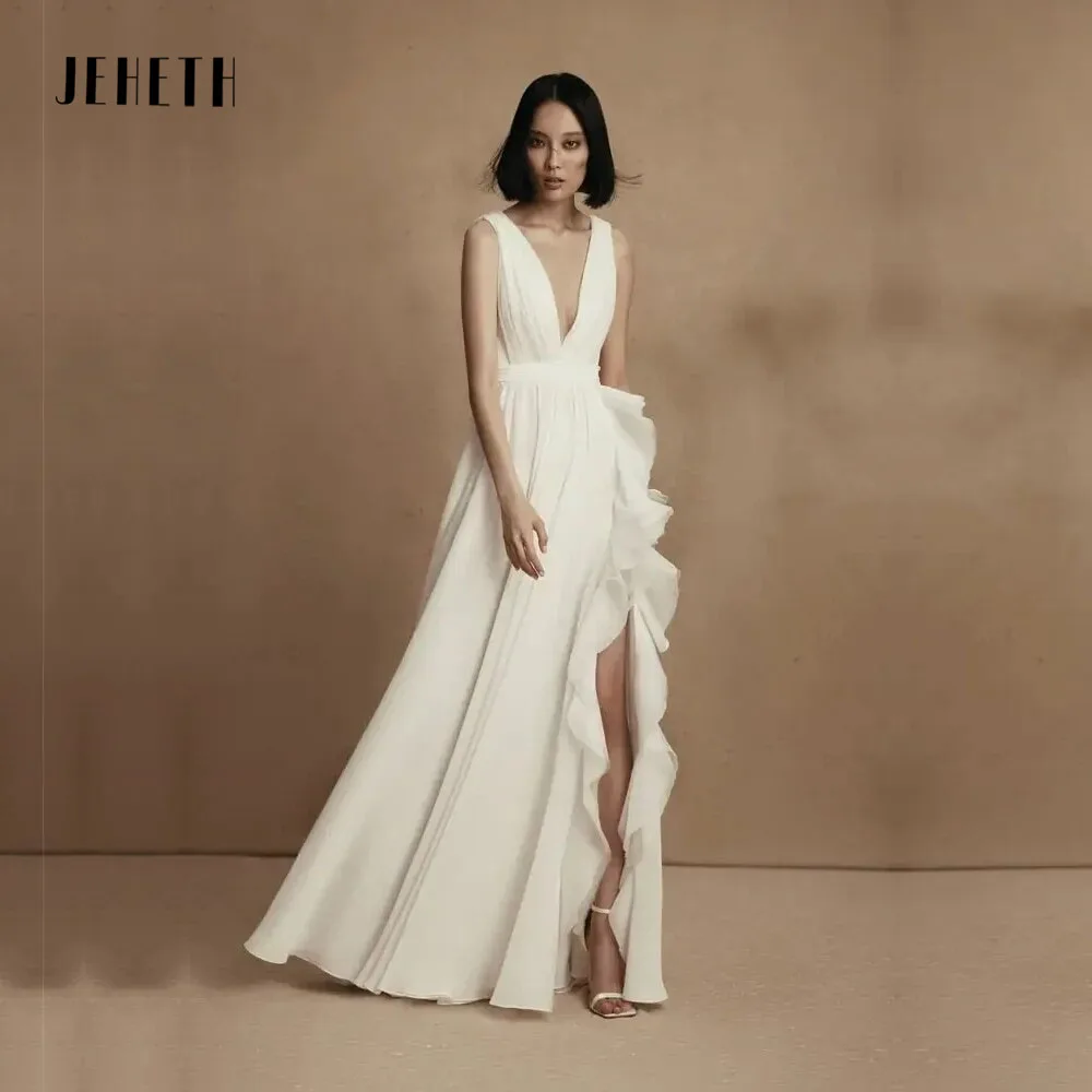 

JEHETH V Neckline Wedding Dresses For Women Sleeveless Slit Bridal Gowns Sexy Backless Vestidos De Novia Custome Made