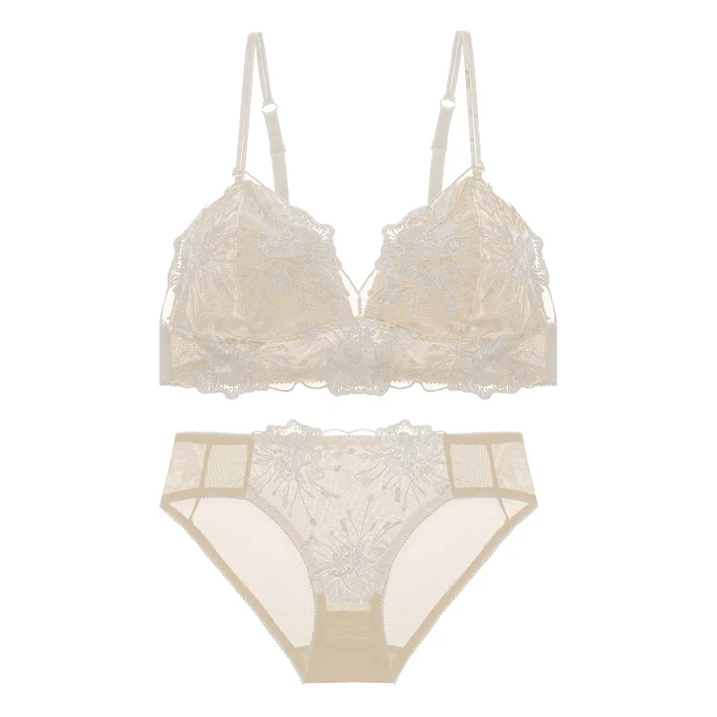 Embroidered lace sexy bralette no steel ring triangle cup lingerie large size women ultra-thin underwear set breathable bra