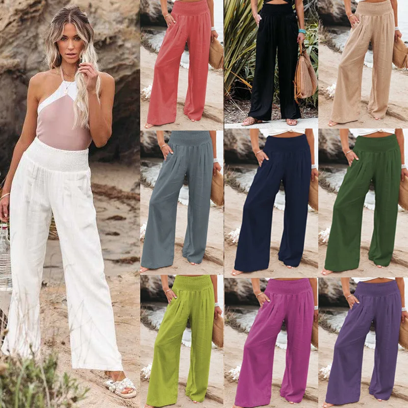 

2021 Women Pants Fashion Linen Cotton Solid Elastic Waist Trousers Female Plus Size Ankle-length Trousers Summer Casual Pants