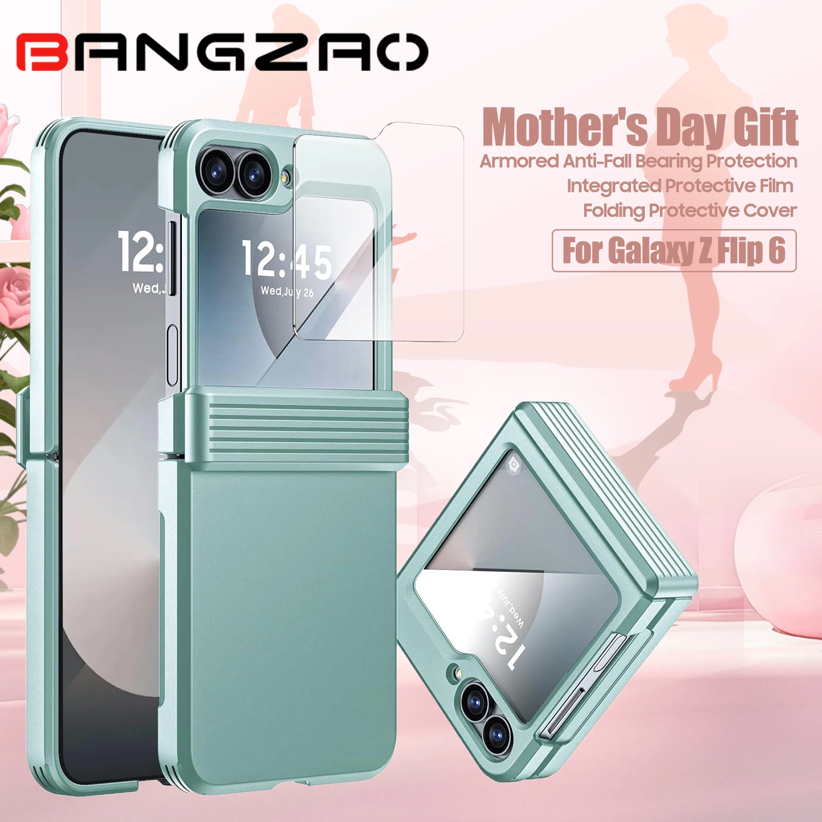 Mother's Day Gift for Galaxy Flip 6,Armored Anti-Fall Bearing Protection,Integrated Protective Film Folding Phone Case(Green）