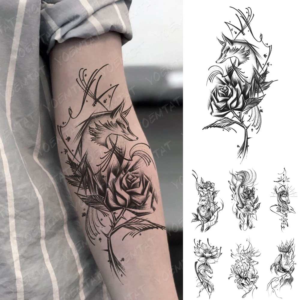 

Waterproof Temporary Tattoo Sticker Sexy Rose Japanese Fox Deer Unicorn Arm Back Flash Tatoo Fake Tattoos Women Body Art Men