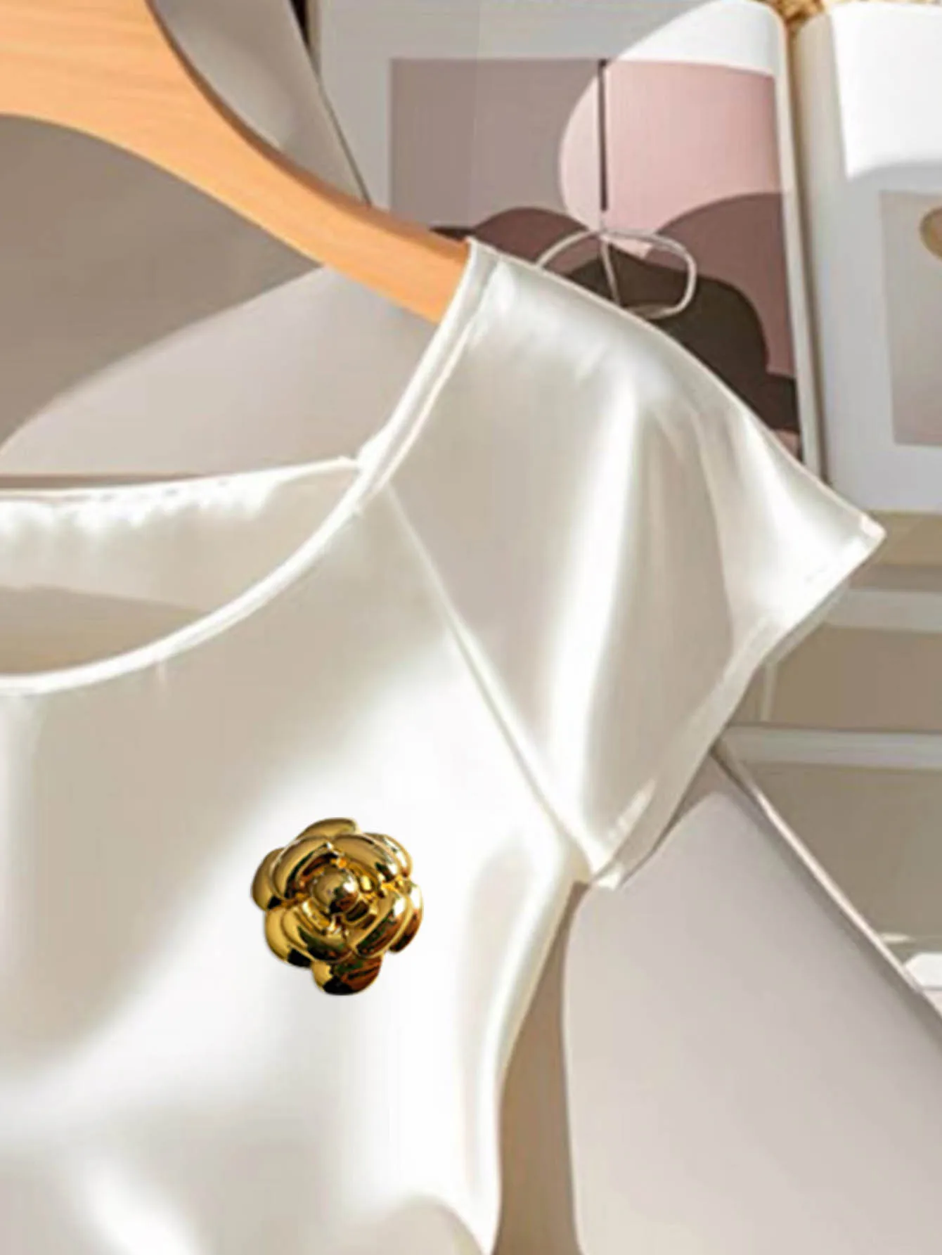 Chic Luxury White Satin Shirt Gold Flower Brooch Detail Drawstring Side Ruched Casual Summer Blouse 5