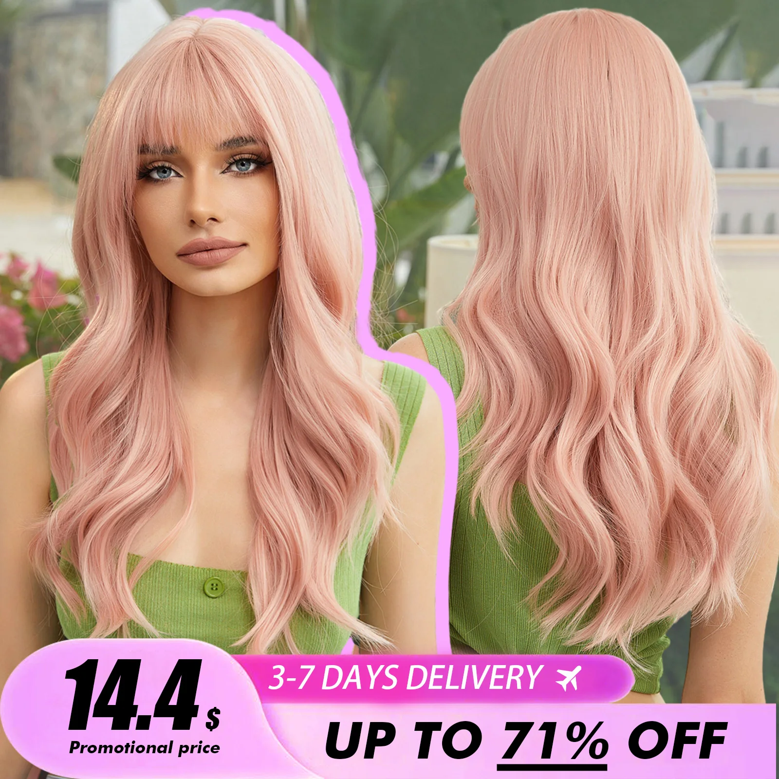 Element Long Body Curly Synthetic Wig with Bangs Grapefruit Pink Hair Wigs for Women Daily Party Cosplay Heat Resistant