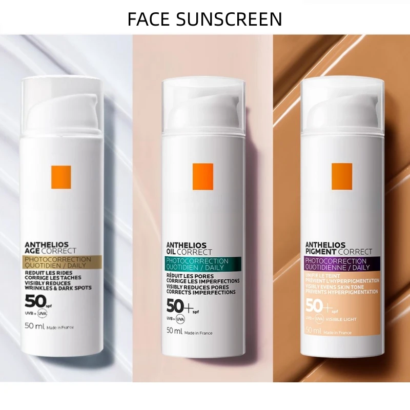 얼굴 자외선 차단 시리즈, 노화, 오일, 안료 교정기, SPF 50 +, 가시적인 자외선 차단, 불완전 방지, 건조한 피부부터 정상 피부까지 50ml