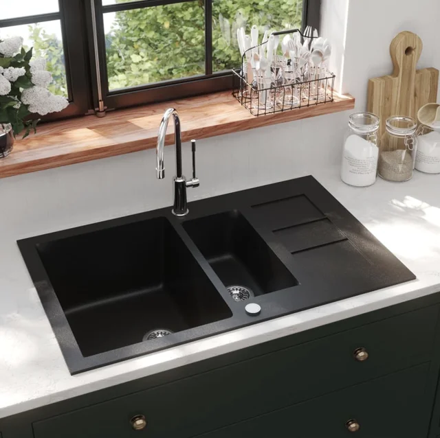 Black granite kitchen sink two breasts, luxury sink, kitchen