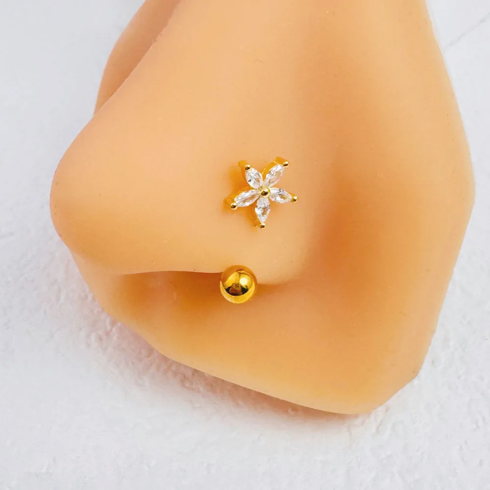Zircon Flower-Shaped Nose Ring 14K Gold Plated Stainless Steel Piercing Jewelry for Women 1Pc