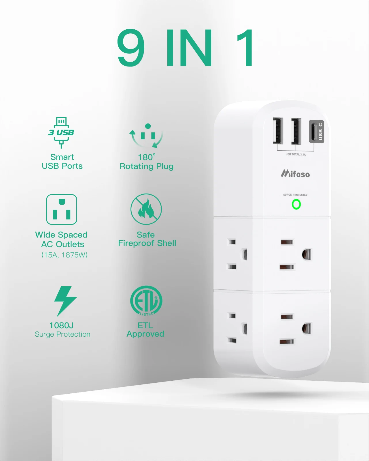2 Pack USB Outlet Extender Surge Protector-with Rotating Plug, 6 AC Multi Plug and 3 USB Ports (1 C), 1800 Joules