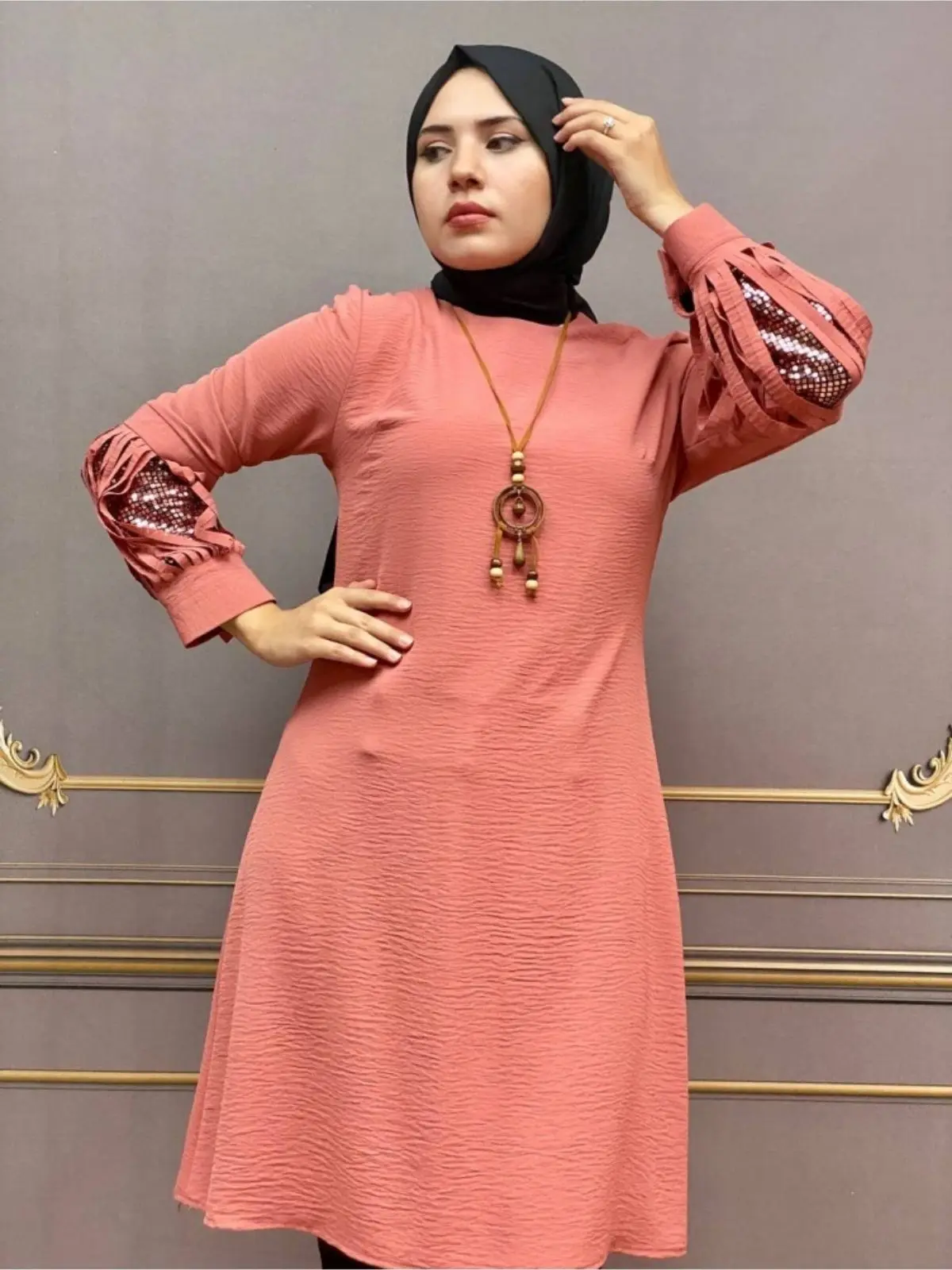 Sequin Detailed Tassel Sleeve Necklace Aerobin Tunic Unlined Long Sleeve Crew Neck 4 Seasons Women Muslim Fashion Hijab Clothing