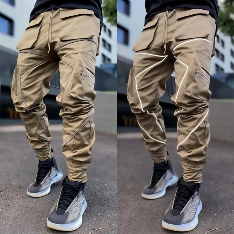 Large Pocket Loose Overalls Men's Outdoor Sports Jogging Tactical Pants Elastic Waist Pure Cotton Casual Work Pants