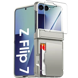 Elegant Card Holder Wallet with Built - In Screen Protector and Shockproof Rugged Case - Black - Galaxy Z Flip7 (Gold)
