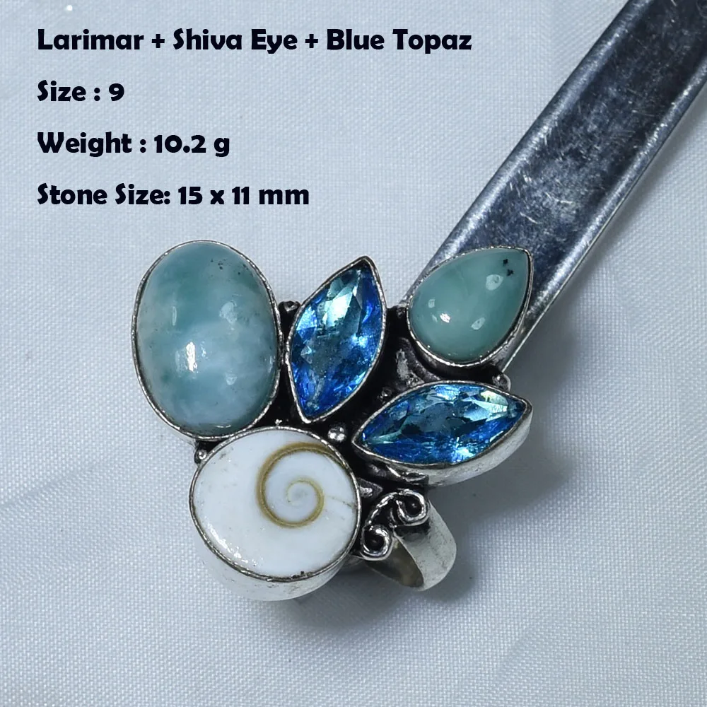 Genuine Larimar Citrine Blue Topaz Moonstone Ring Silvers Overlay Over Copper