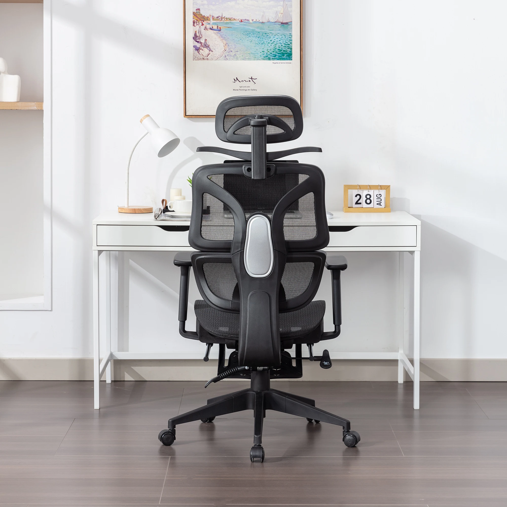 VECELO Ergonomic Office Chair Adjustable Lumbar Support Black Office Mesh Chair with Padded Arms Headrest Footrest 2