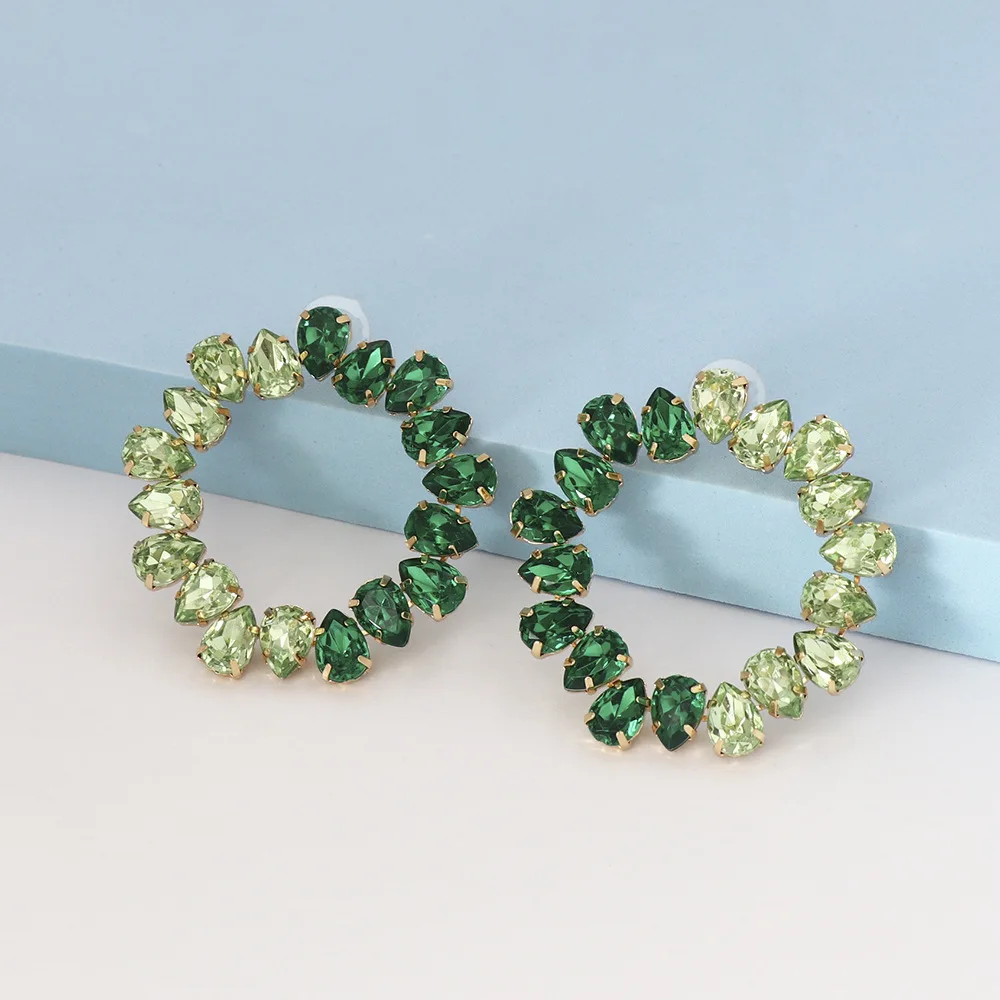 2023 Gold Plated Jewelry Rainbow Colorful Blue Green Round Circle Eternity Crystal Rhinestone Hoop Earrings for Women Girls