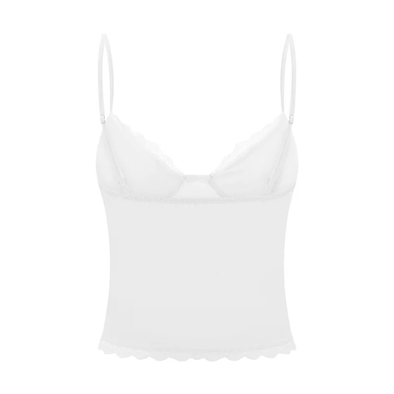 y2k Lace Trim Crop Top Women Summer Sexy V Neck Spaghetti Strap Sleeveless Tanks with Bow 2000s Clothing Streetwear