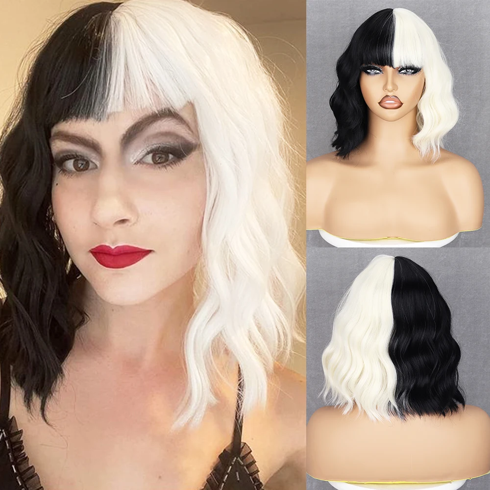 Black and Off white Short Wavy Shoulder Length Women Full Bang Heat Resistant Wig for party and cosplay
