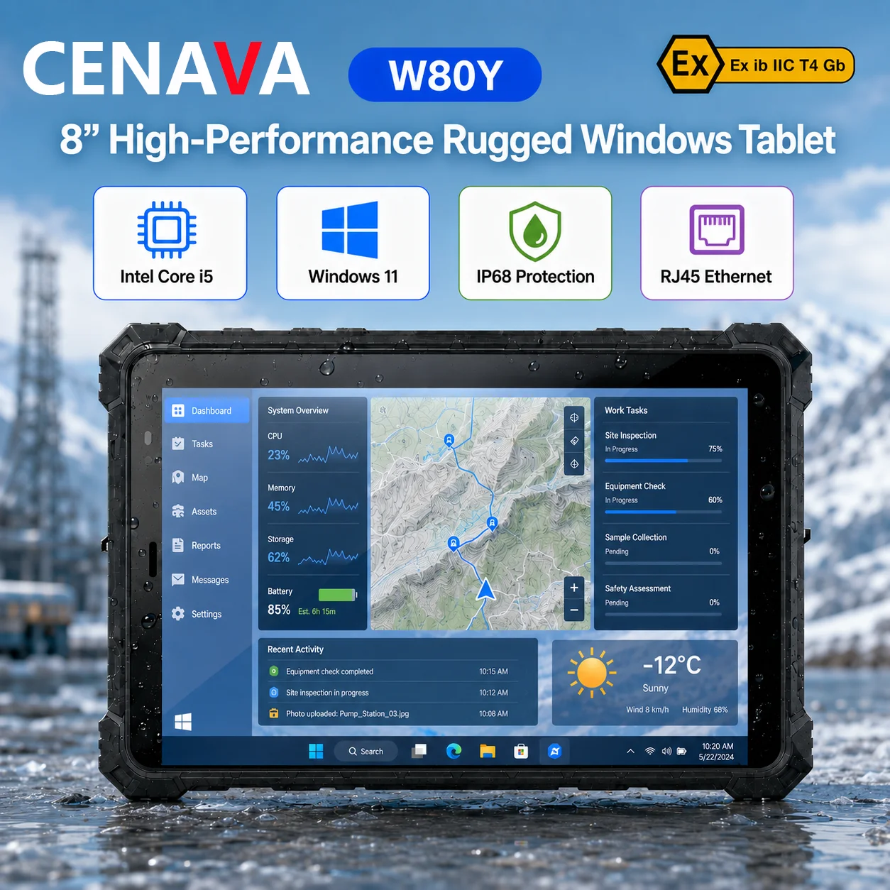 CENAVA W80Y 8인치 IP68 러기드 윈도우 11 태블릿 인텔 코어 i5-10210Y RJ45 GPS 저전력 산업용 태블릿 P..