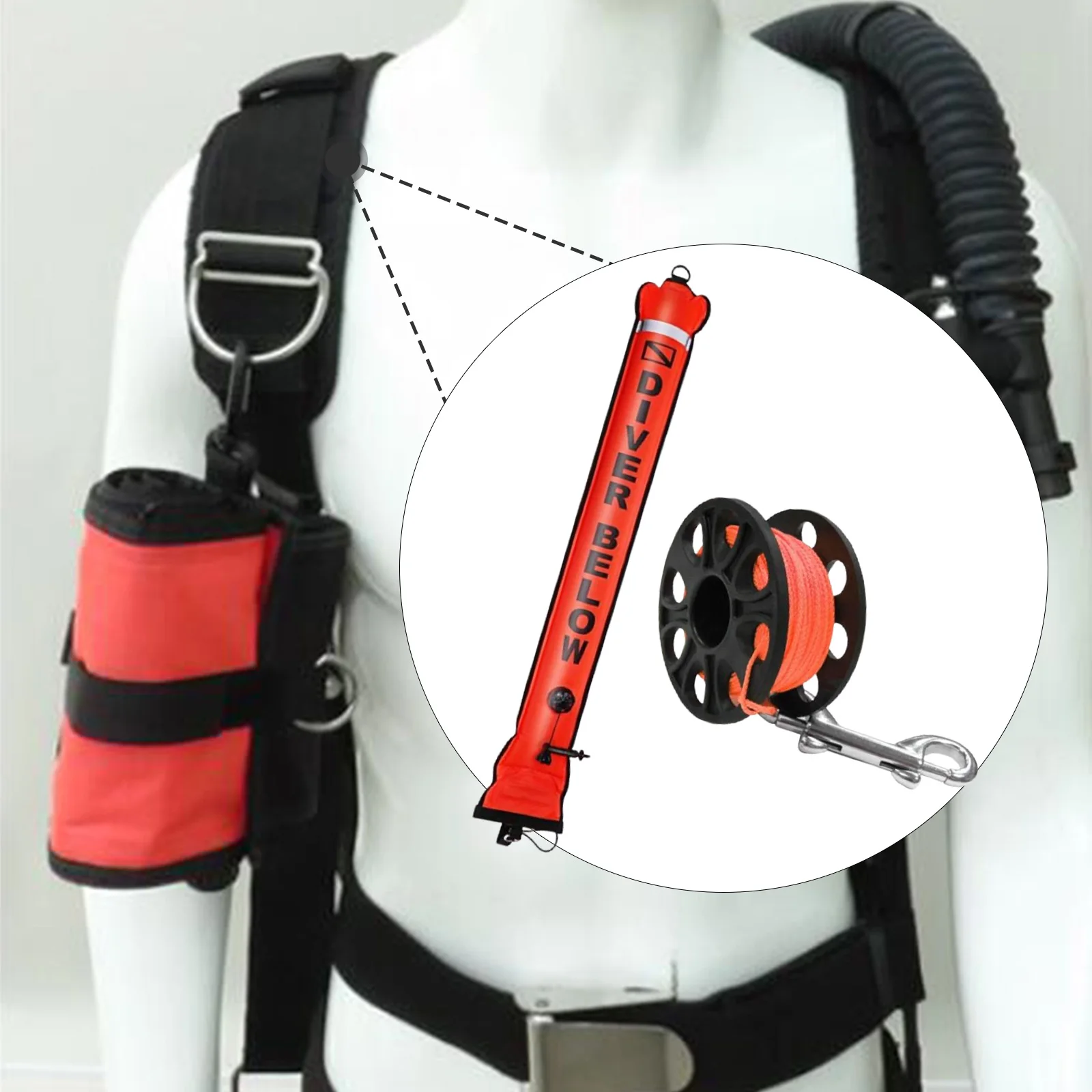 Diving Surface Marker Buoy Underwater Sports Double Ended Bolt Clip Red Tube 98ft Finger Spool Reel Smb Set