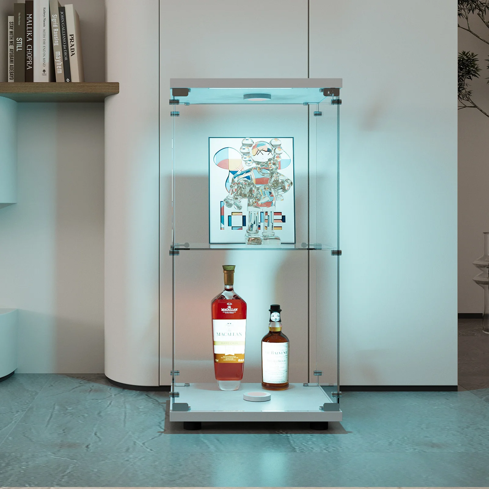 Anajqaqia 2-stöckige Vitrine, Freistehende Aufbewahrungseinheit mit Berührungsaktivierter Beleuchtung und Schloss, für Wohnzimmer, Weiß – Detail 3