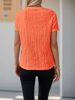 Women's Eyelet Embroidered Short Sleeve Top Crew Neck Casual Summer T-Shirt 2