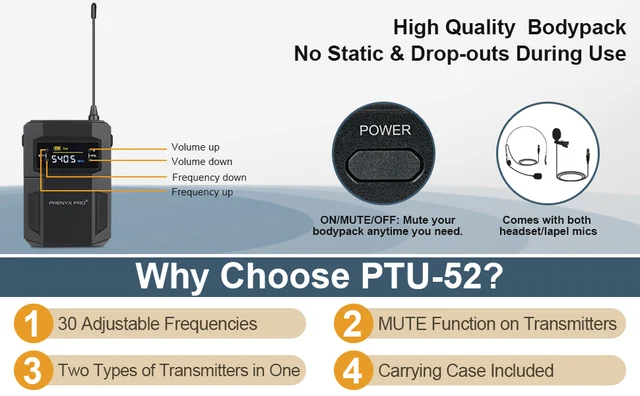 Sistema Microfono Wireless Phenyx Pro PTU-52-2H - 2 Microfoni UHF, Portata 200 Piedi, Con Custodia - Foto 8