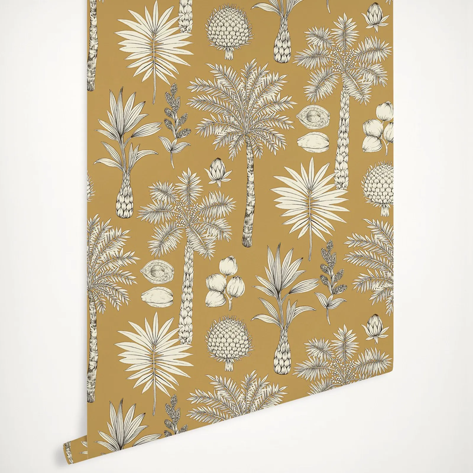 Franch Lush Tropical Palms Wallpaper Ilustração Botânica em Rico Amarelo-marrom Chão com Folhas e Sementes