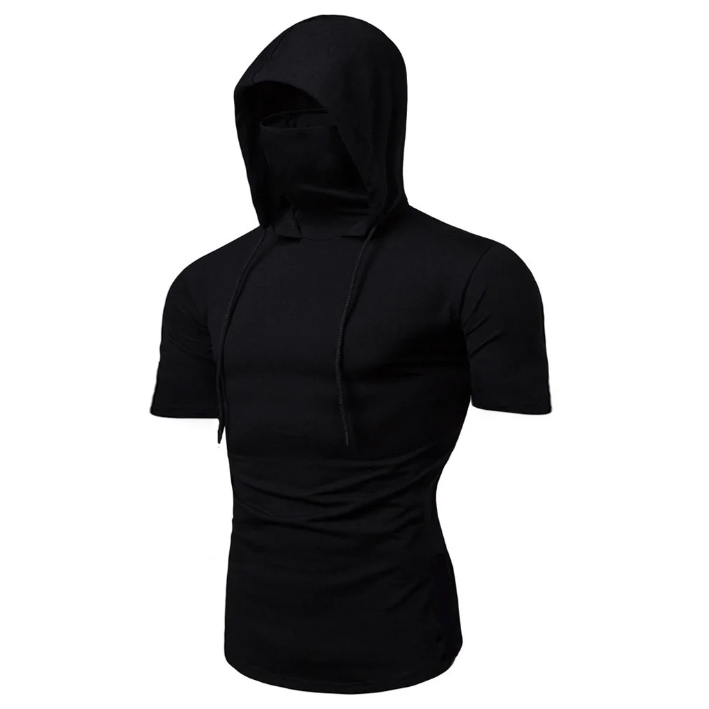 Men Gym Hoodie Short Sleeve with Mask Sweatshirt Hoodies Casual Splice Large Open-Forked Male Clothing Mask Button Sports Hooded