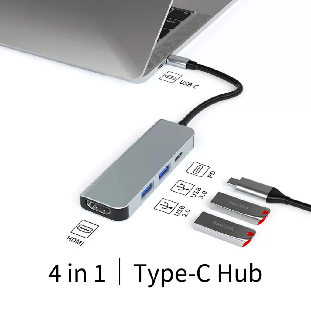 

Адаптер Type-C 4 в 1 HDMI 4K MacBook Pro/Air M1 с 4K HDMI, 100 Вт PD, 2 порта USB 3.0 алюминиевый концентратор USB C