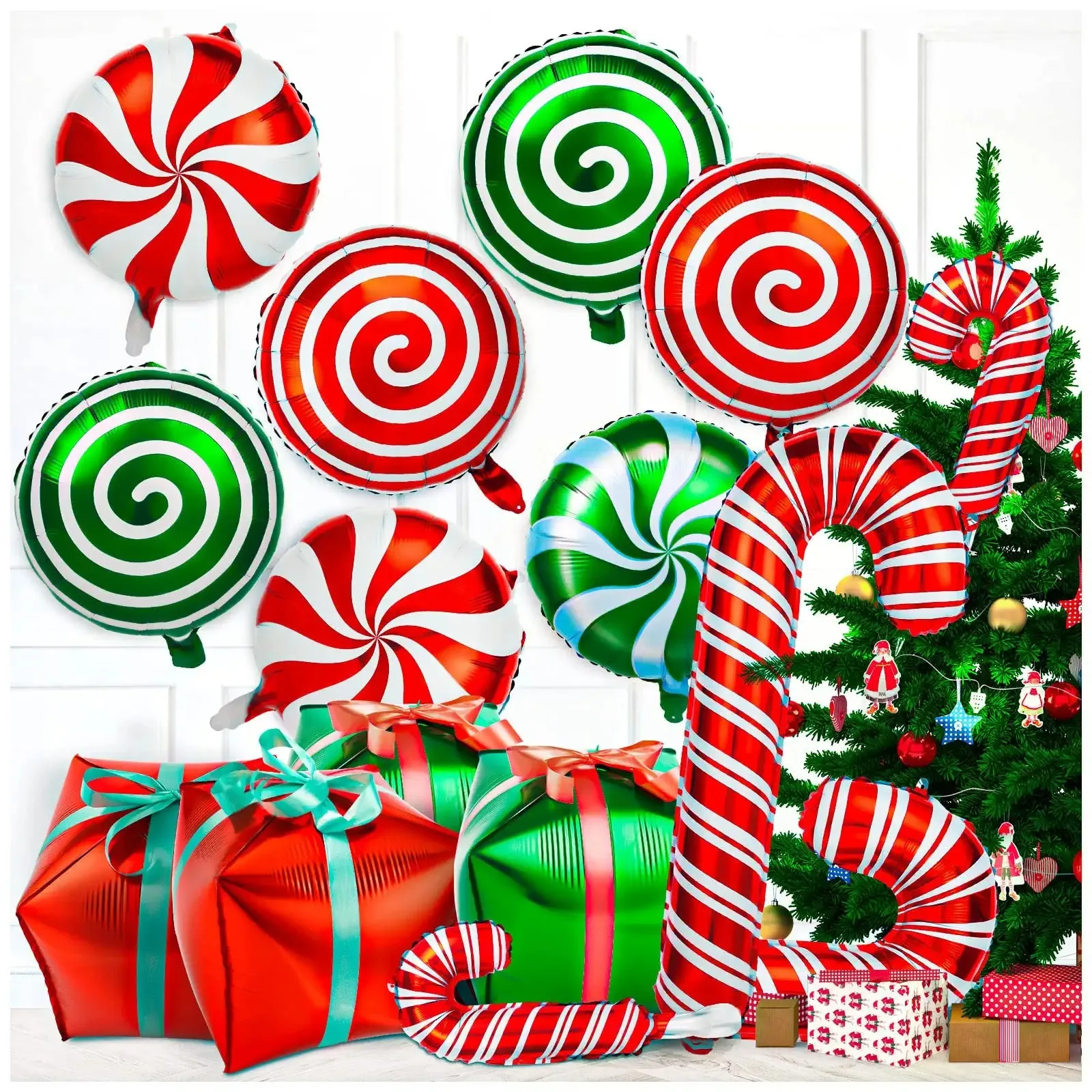 

28Pcs Christmas Candy Cane Balloons Large Candy Swirl Mylar Foil Balloons for Birthday and Candies Theme Party Decor