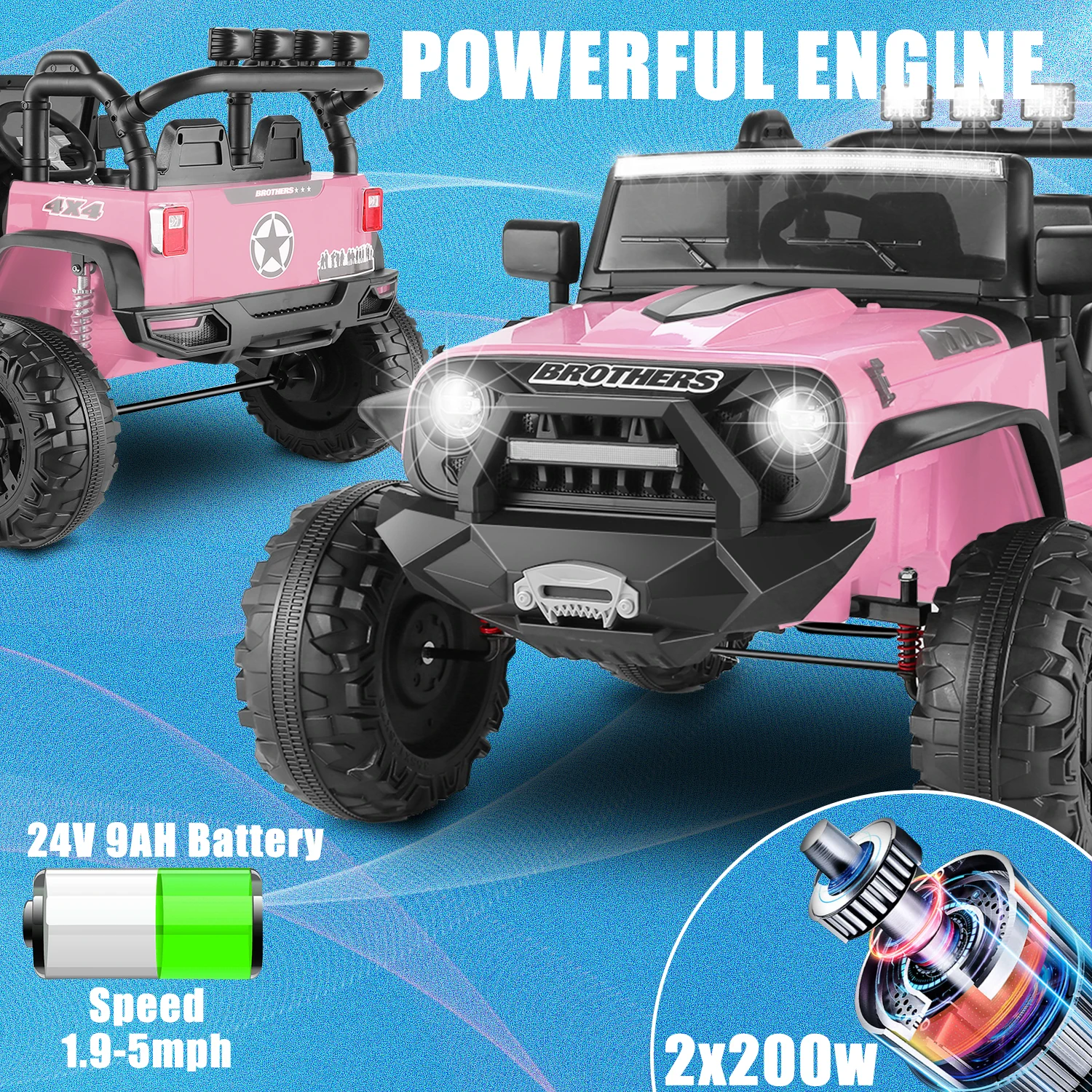 Kids 24V Ride on Car Truck with Remote Control-2 Seater Electric Jeeps Car, 2x200W Motor, Spring Suspension, 3 Speeds, Pink