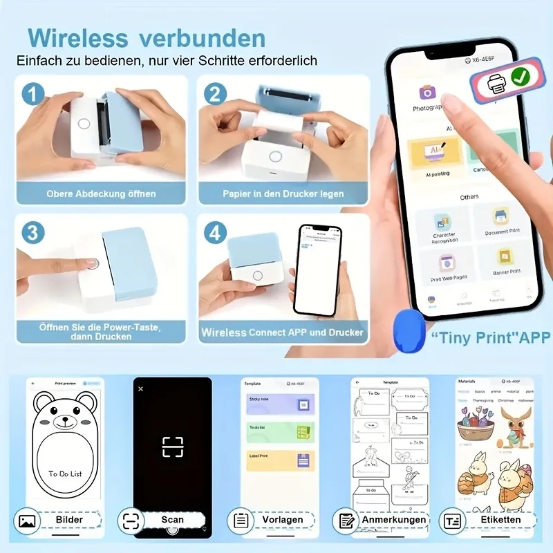 무선 미니 휴대용 감열 라벨 프린터, 203dpi HD 인쇄, WiFi/USB/배터리 전원 지원, 메모, 저널, 영수증용