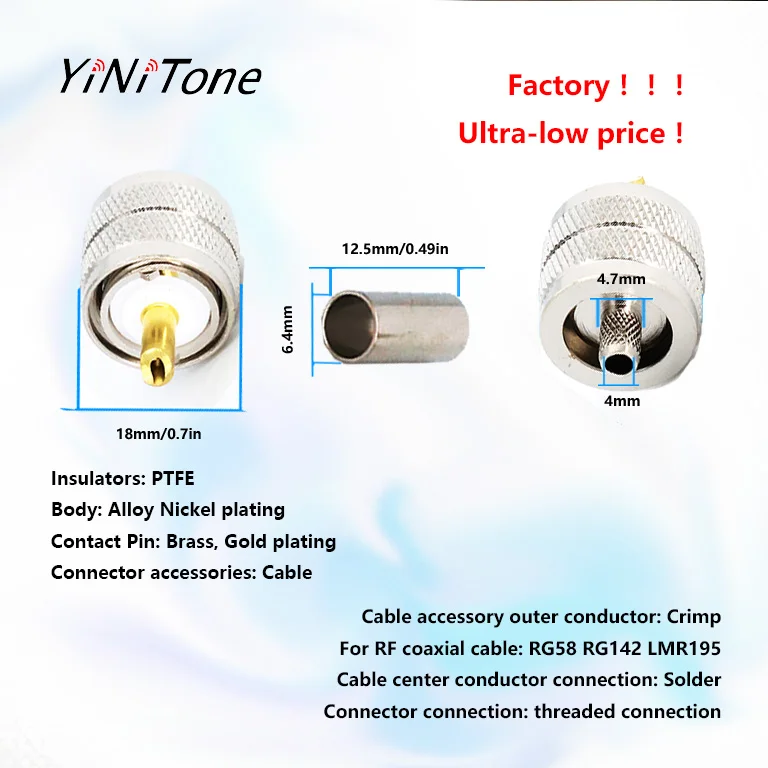 

RF Coaxial Solder Adapter UHF PL259 Male Plug For CB Ham Radio Antenna RG58 RG142 LMR195 LMR200 RG400 Cable Crimp Coax Connector