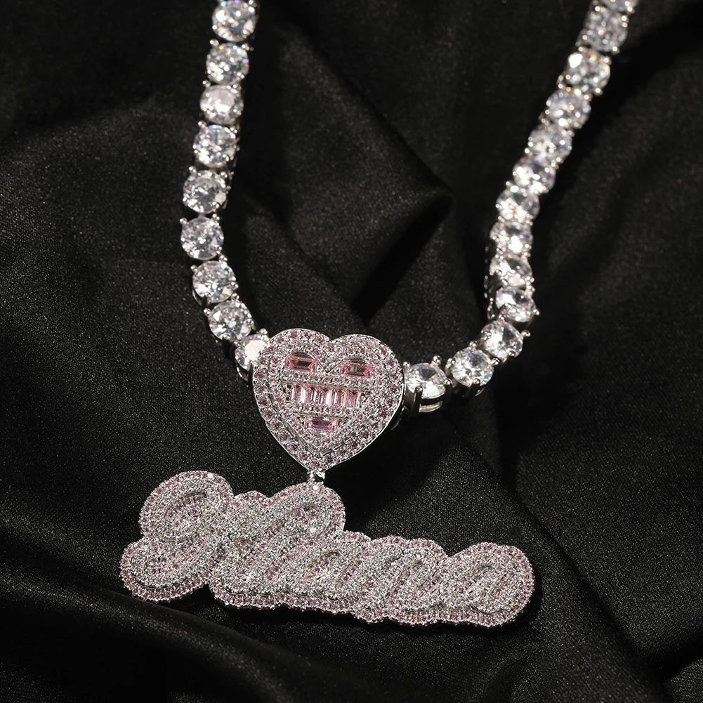 TBTK Custom Name Necklace Bubble Letter Baguettecz Heart Clasp Iced Out Green White Cubic Zirconia Pendant Chain Hiphop Jewelry