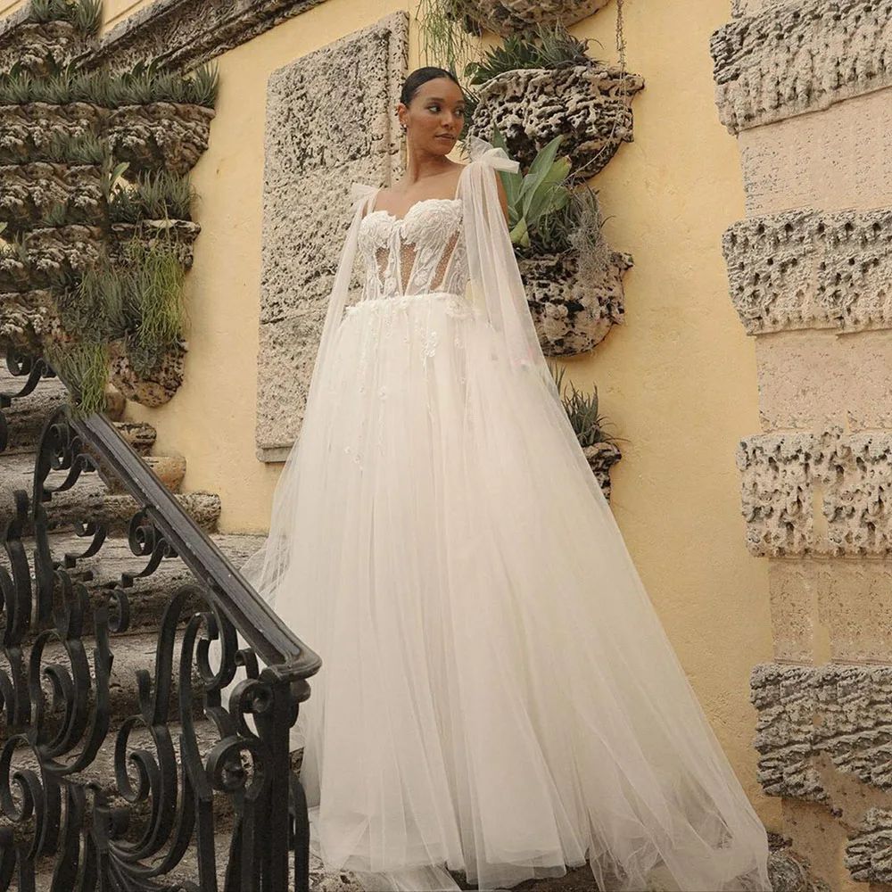 

Msikoods винтажные кружевные свадебные платья 2023 с бантом Spahetti на бретельках с аппликацией корсет женское платье в стиле бохо для невесты