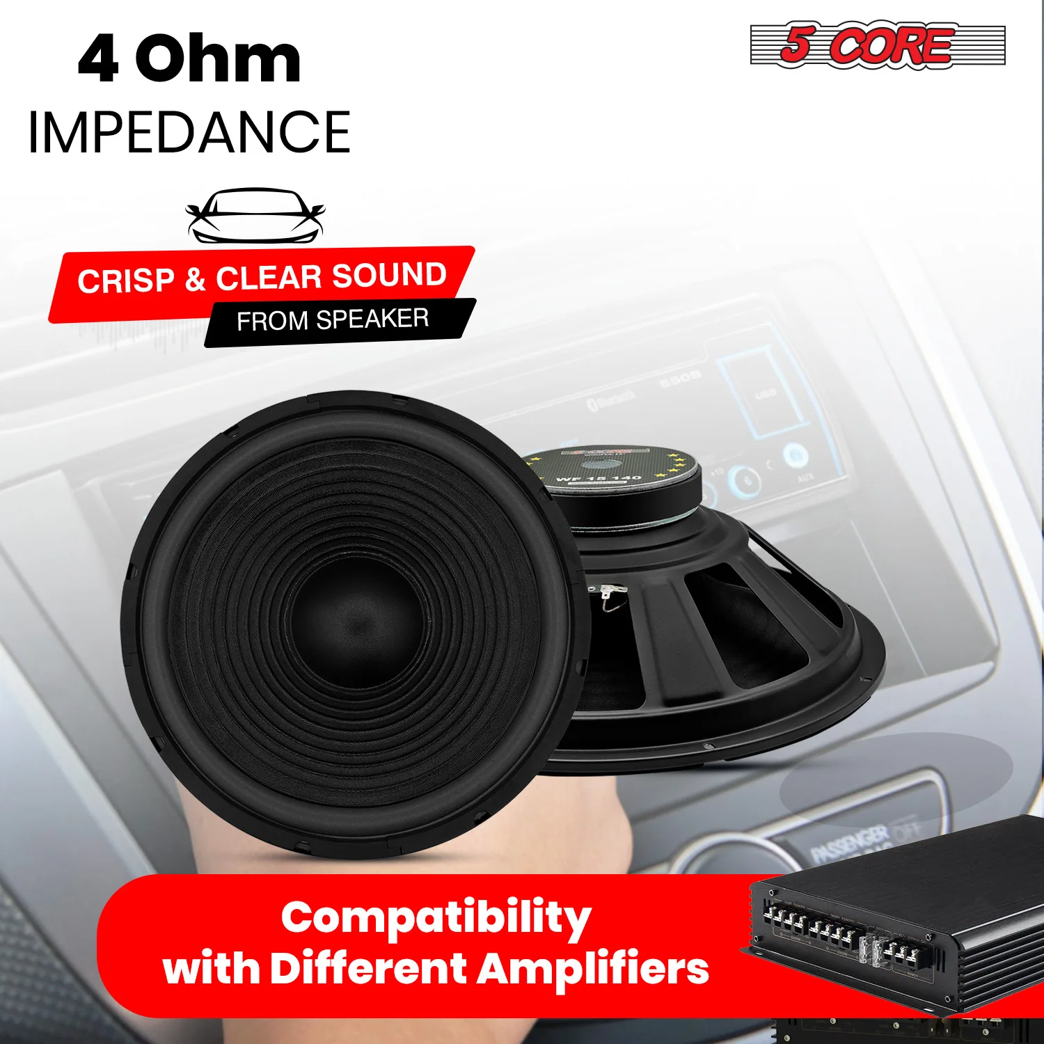 5 Core 15 Inch Subwoofer 450 Watt Car Audio Sub Woofer Pair 4 Ohm w Deep Bass Replacement Loud Speaker 5