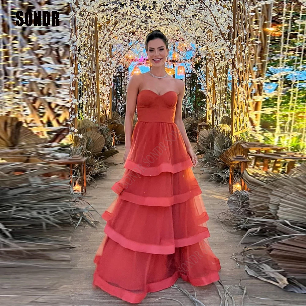 

SONDR Dark Orange Tiered Evening Prom Dresses A Line Tulle/Satin Formal Party Dress Pirncess Sweetheart Homecoming Prom Gowns