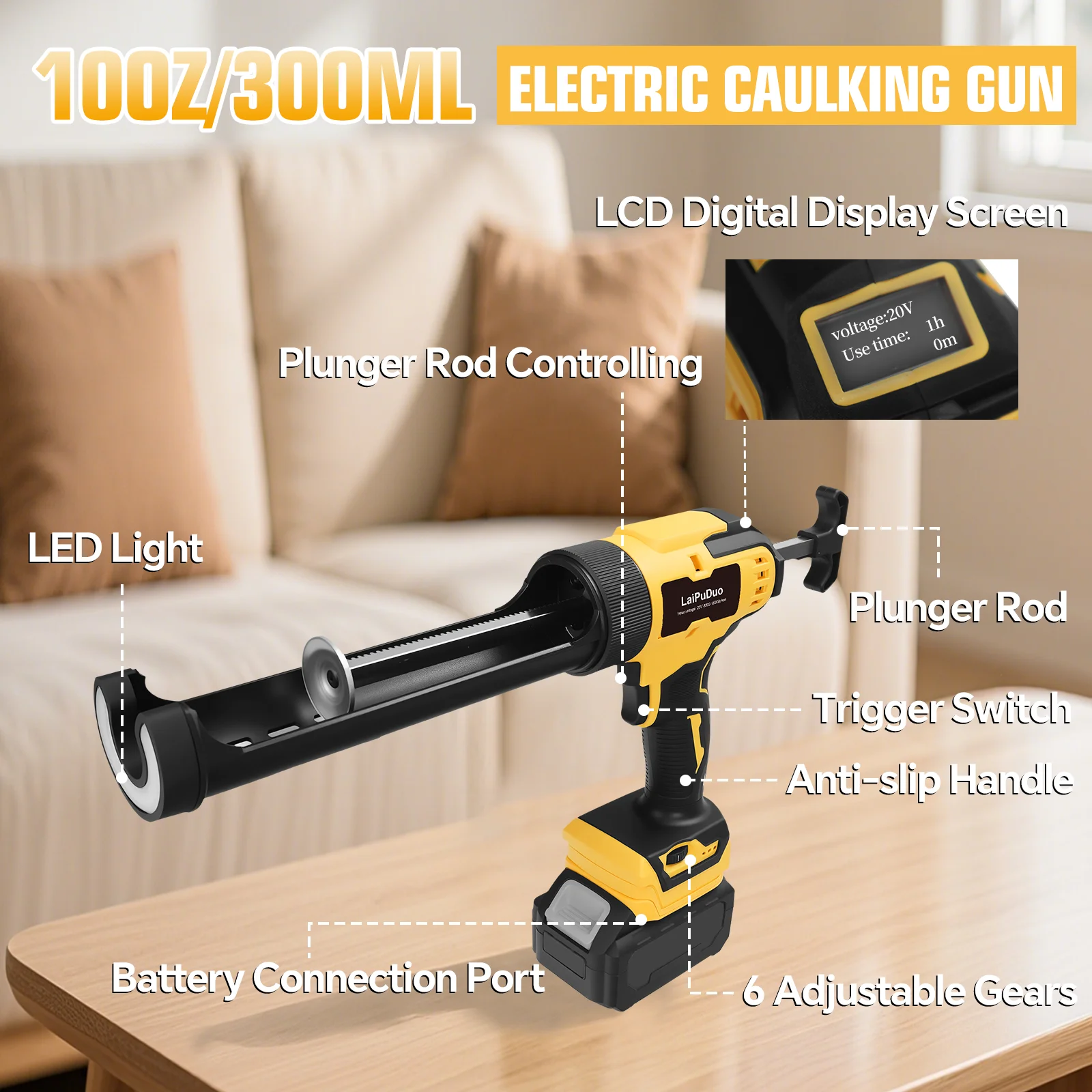 Electric Caulking Gun Glass Glue Gun 6 Speeds 10oz Cordless Silicone Gun Filling