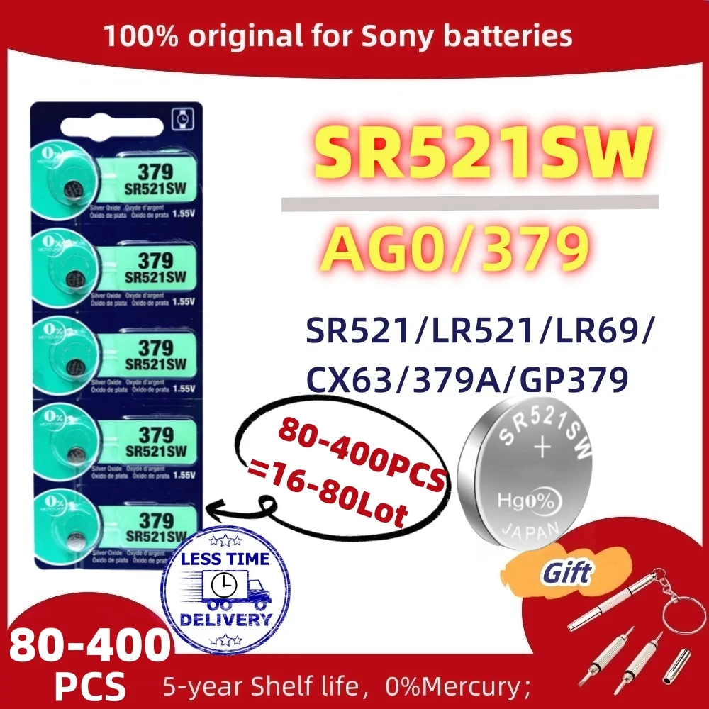 

80-400PCS Original for sony 379 LR521 AG0 SR521SW Button Batteries 379A 179 D379 SR63 1.5V Alkaline Coin Cell Silver OxideWatch