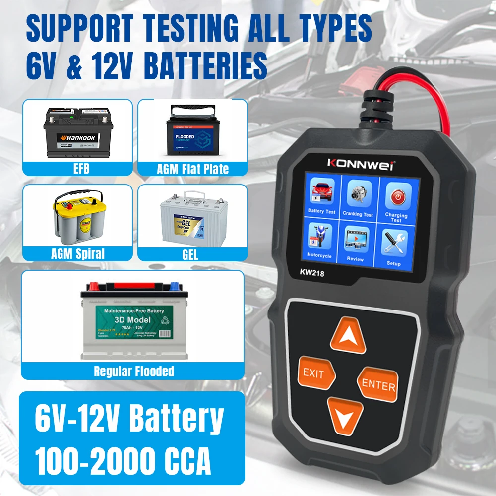 KONNWEI KW218 6V/12V Car Battery Tester – 100-2000 CCA Analyzer With Cranking & Alternator Test