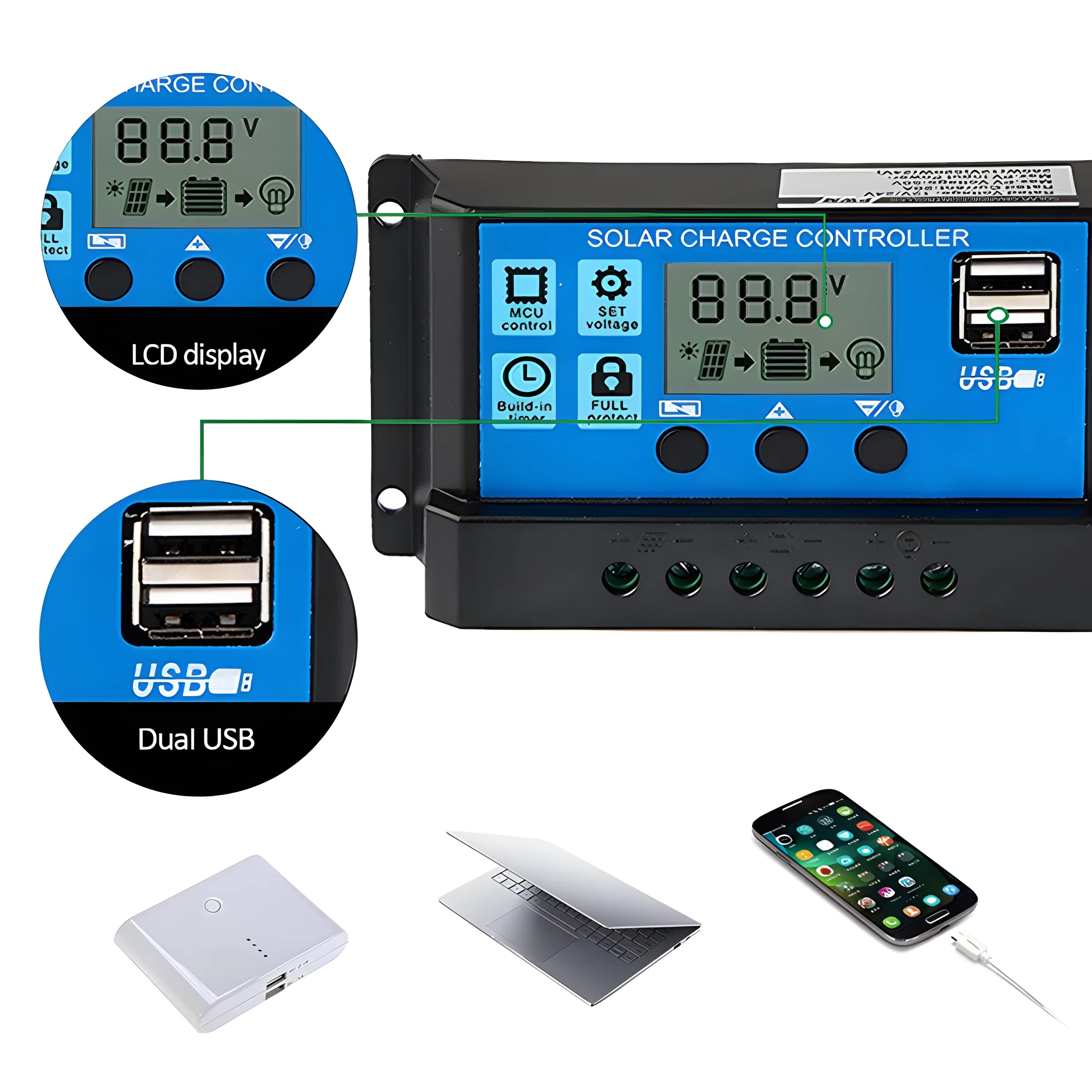 Solar Charge and Discharge Controller LCD Display Dual USB Automatic Solar Panel Charger Regulator 5V-24V Voltage Regulator solar charger