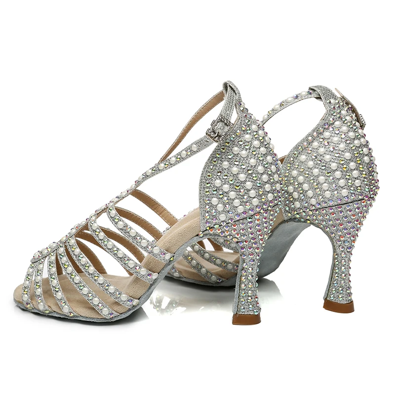 Woman Glitter Cloth Latin Dance Shoes for Girls Black Sliver Suede Leather Ballroom Shoes  Women Rhinestone Salsa Dancing Shoes
