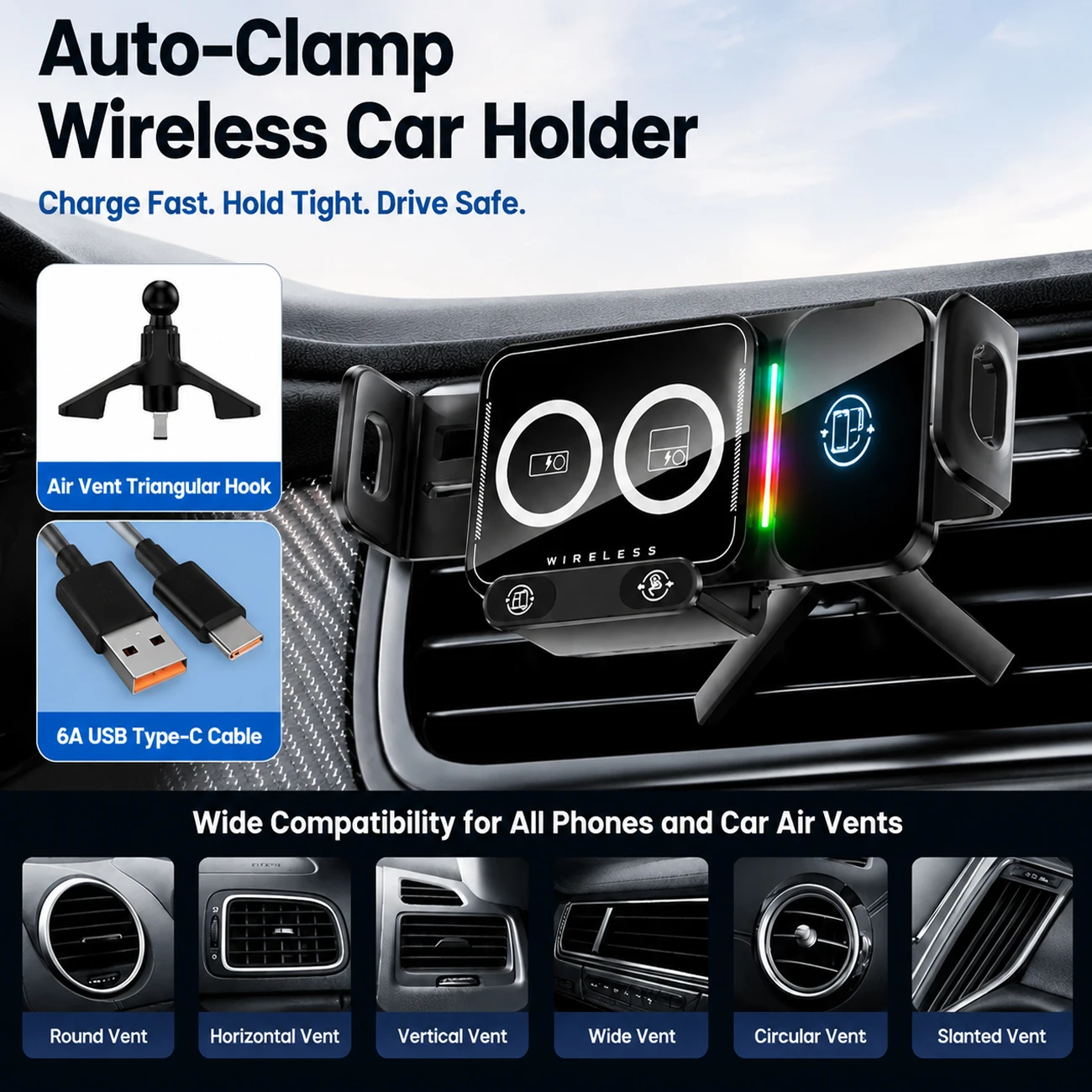 Vyvylabs Wireless Auto-Clamp Car Phone Holder with 15W Fast Charging