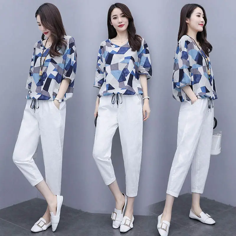 Sports Wear Set Spring Two Piece Linen Women Sets Elegant O Neck Top Shirt and Drawstring Casual Vintage Pocket Harajuku