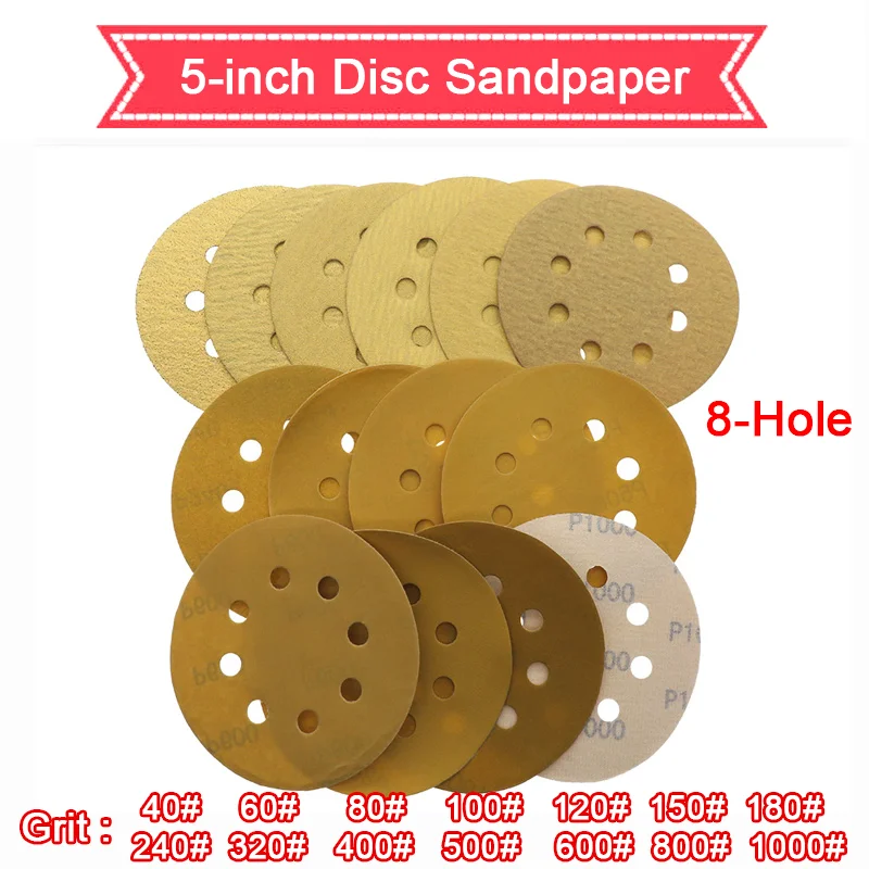 2Pcs 5inch 8Hole Yellow Sanding Disc 125mm Flocking Sandpaper Hook