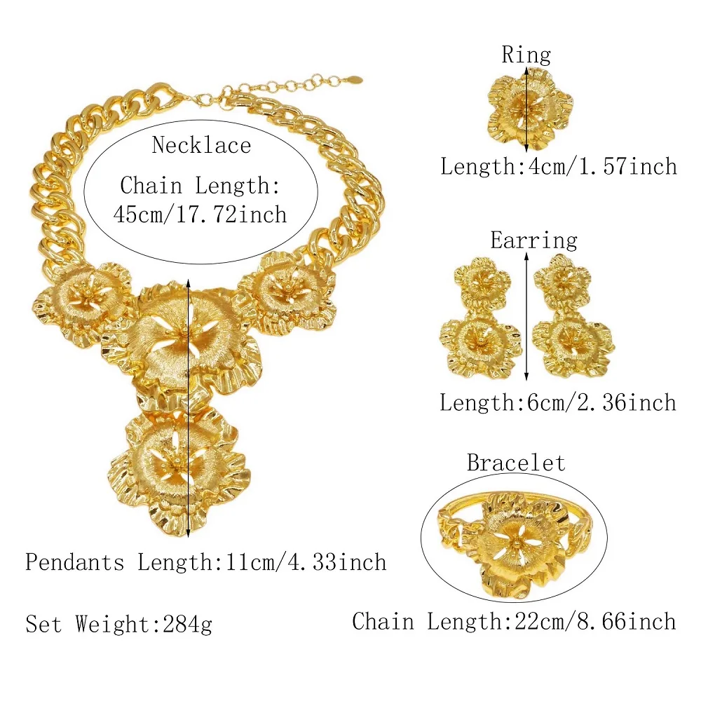 Jewelry Set For Women Cuban Chain Necklace Gold Plated Flower Big Pendant Italian Gold Earrings Luxury Wedding Party Bijoux