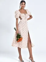 Sexy Floral Midi Dress Summer Women Backless Square Collar Puff Sleecve High Split Evening Elegant Party Clothing
